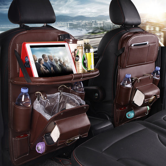 PU Leather Car Seat Back Organizer – Waterproof Multifunction Storage Bag with Tray
