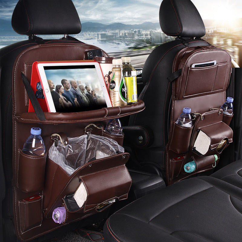 PU Leather Car Seat Back Organizer – Waterproof Multifunction Storage Bag with Tray