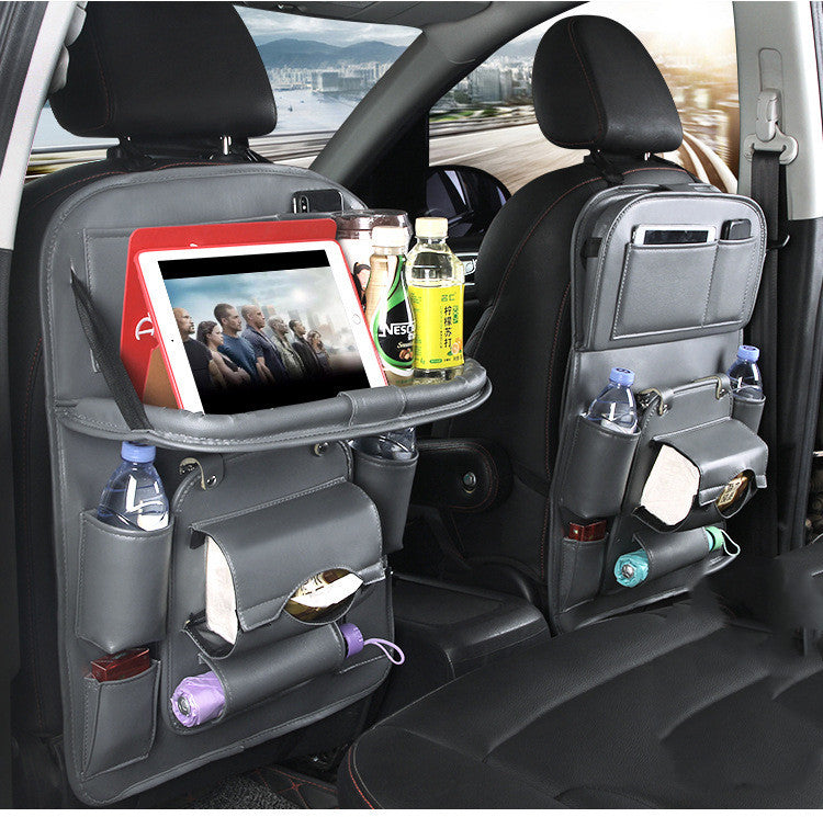 PU Leather Car Seat Back Organizer – Waterproof Multifunction Storage Bag with Tray