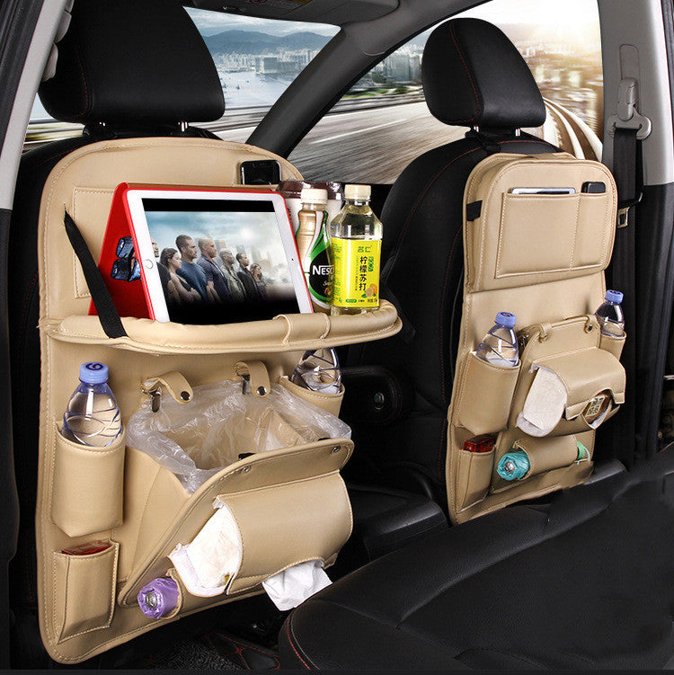 PU Leather Car Seat Back Organizer – Waterproof Multifunction Storage Bag with Tray