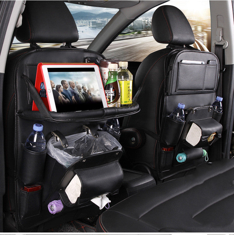 PU Leather Car Seat Back Organizer – Waterproof Multifunction Storage Bag with Tray