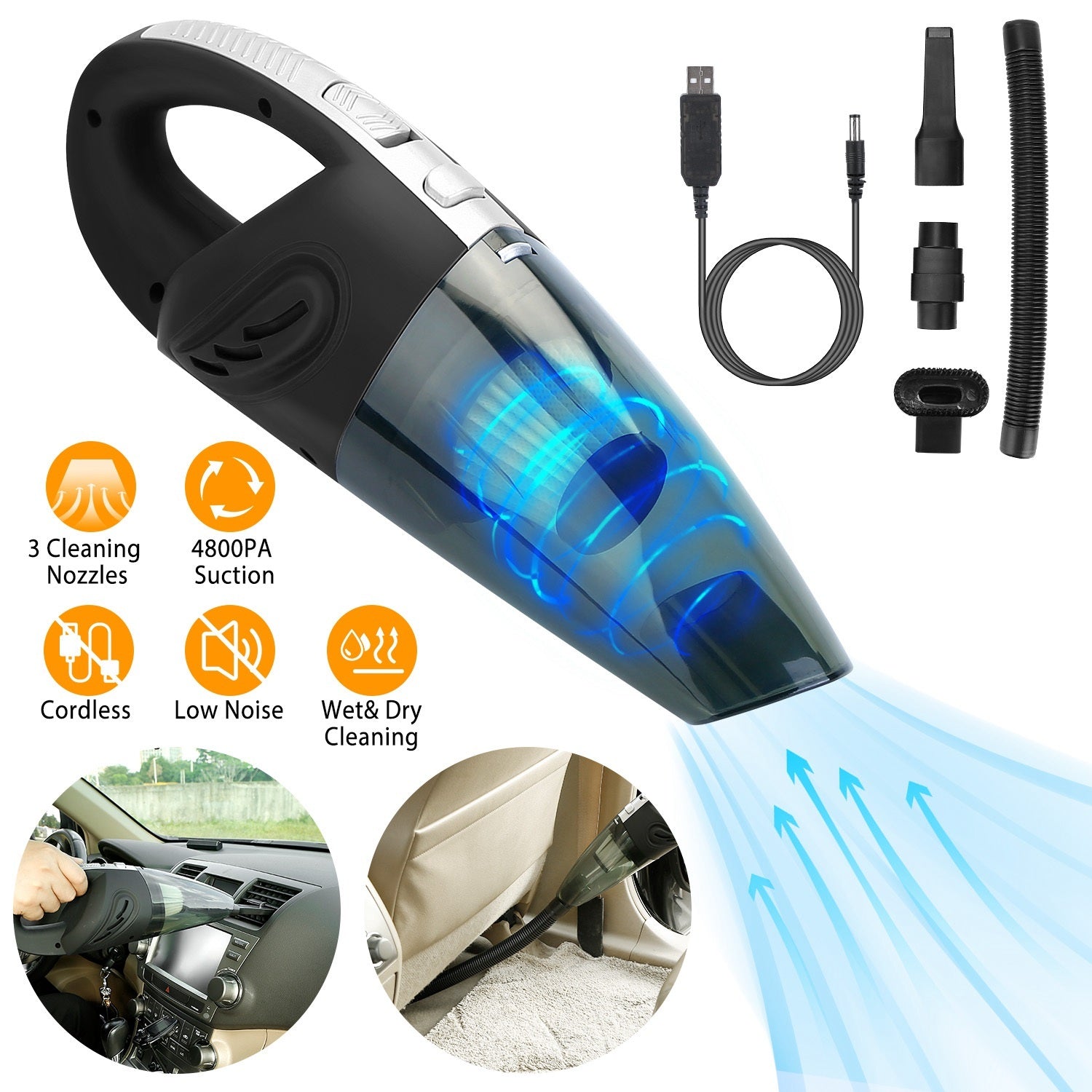 Car Handheld Vacuum Cleaner – Cordless Rechargeable Portable Vacuum with Strong Suction & Pet Hair Brush