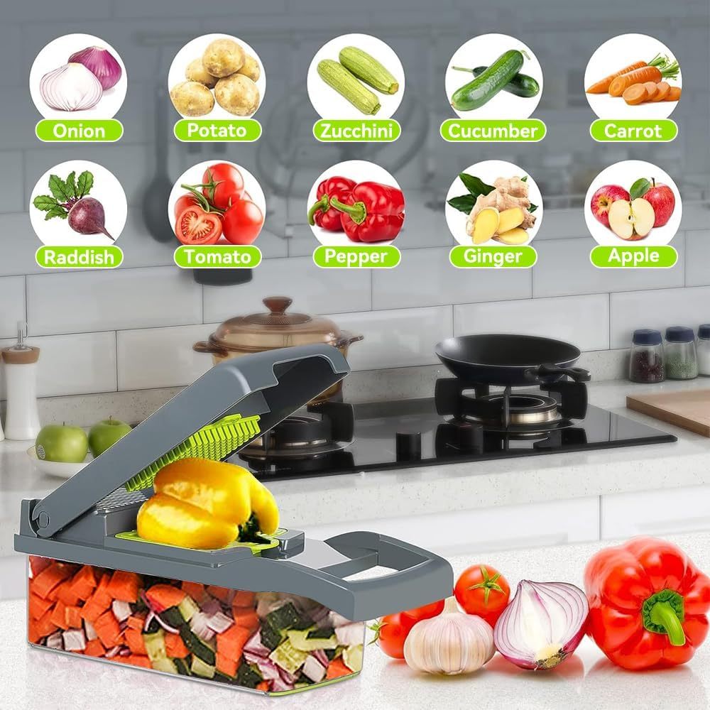 16-in-1 Vegetable Chopper & Slicer – Multi-Functional Onion Cutter with Container & Spiralizer