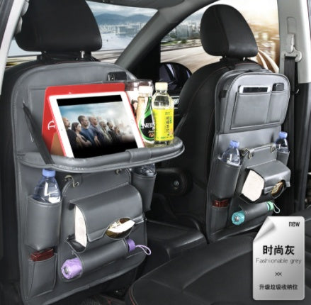 PU Leather Car Seat Back Organizer – Waterproof Multifunction Storage Bag with Tray