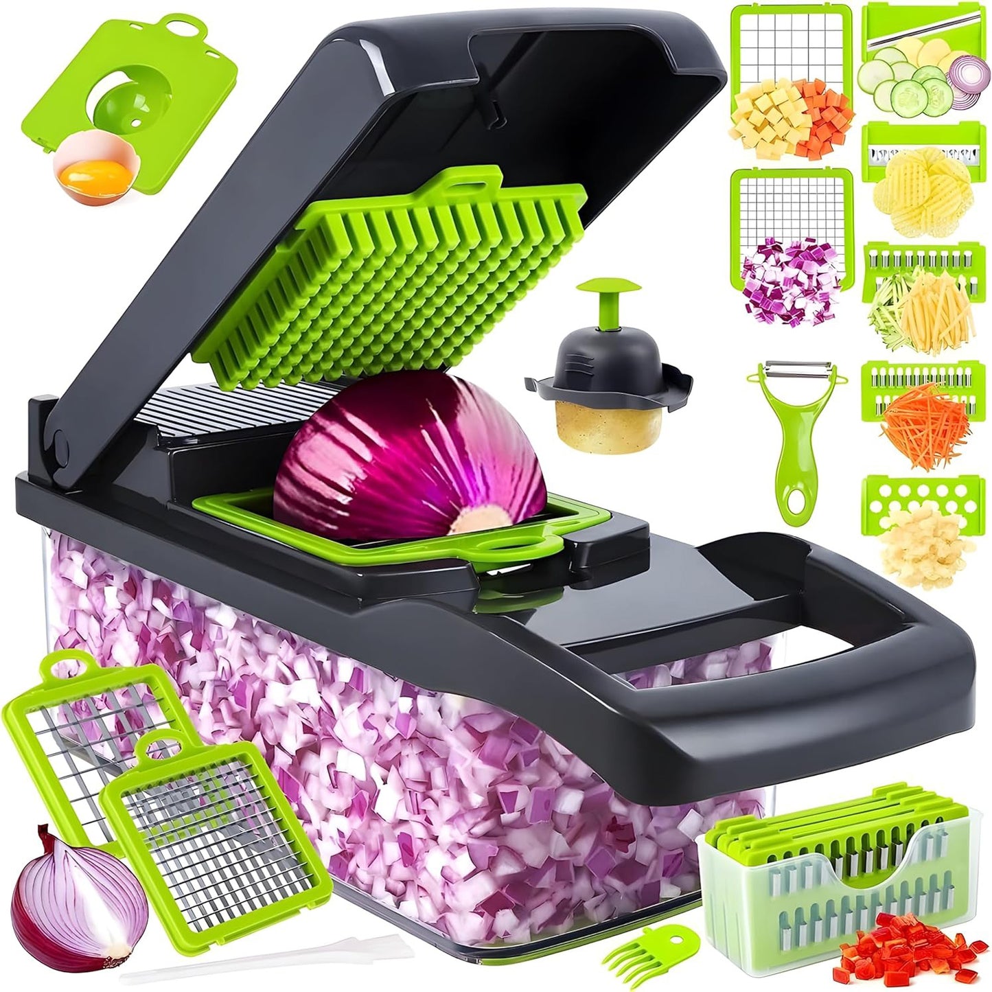 16-in-1 Vegetable Chopper & Slicer – Multi-Functional Onion Cutter with Container & Spiralizer