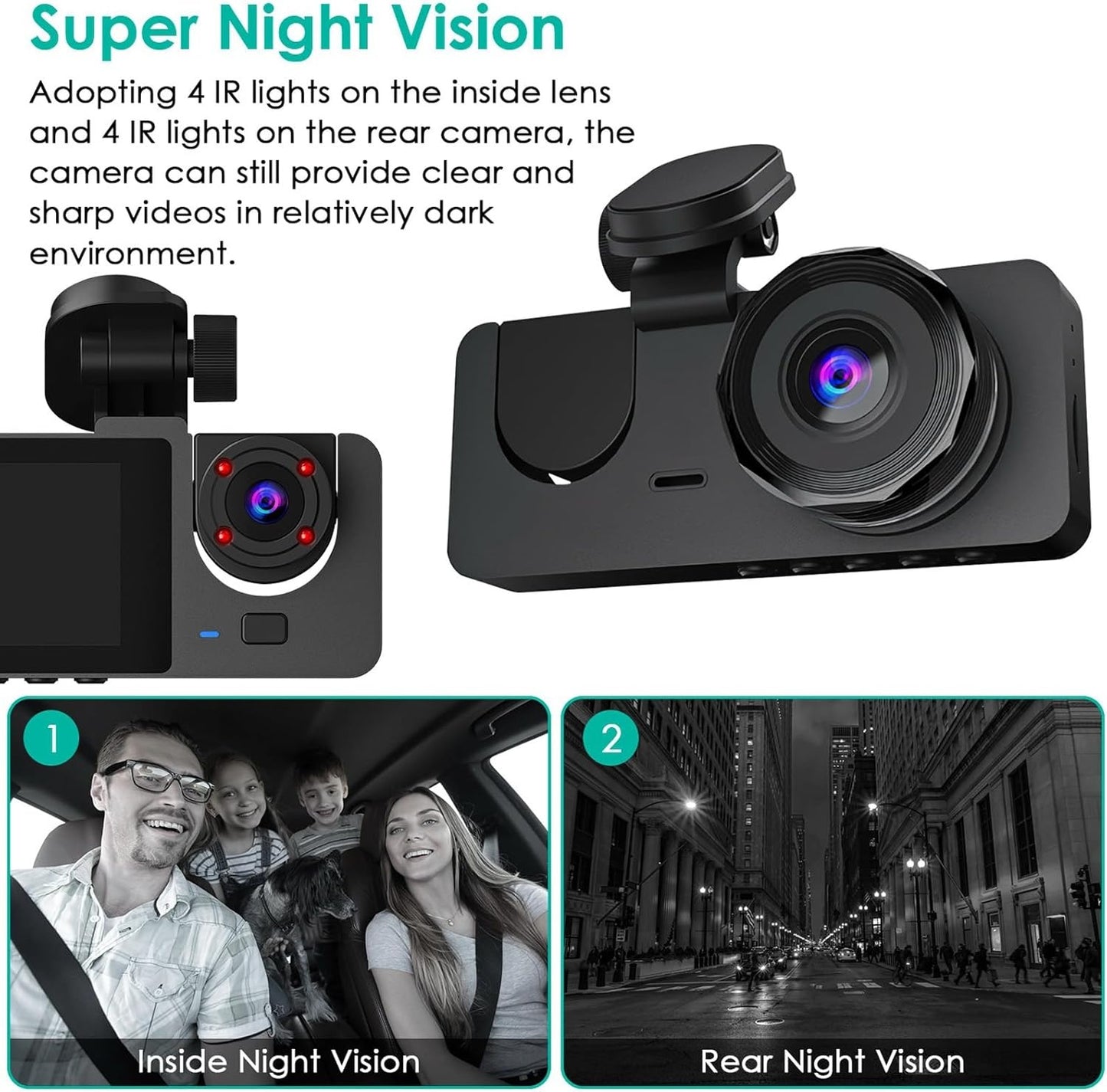 3-Channel Dash Cam – 1080P Front, Rear & Inside Car Camera with 32GB Card, Night Vision & Parking Mode