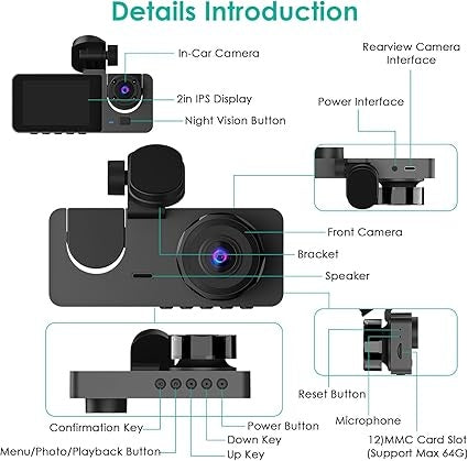 3-Channel Dash Cam – 1080P Front, Rear & Inside Car Camera with 32GB Card, Night Vision & Parking Mode