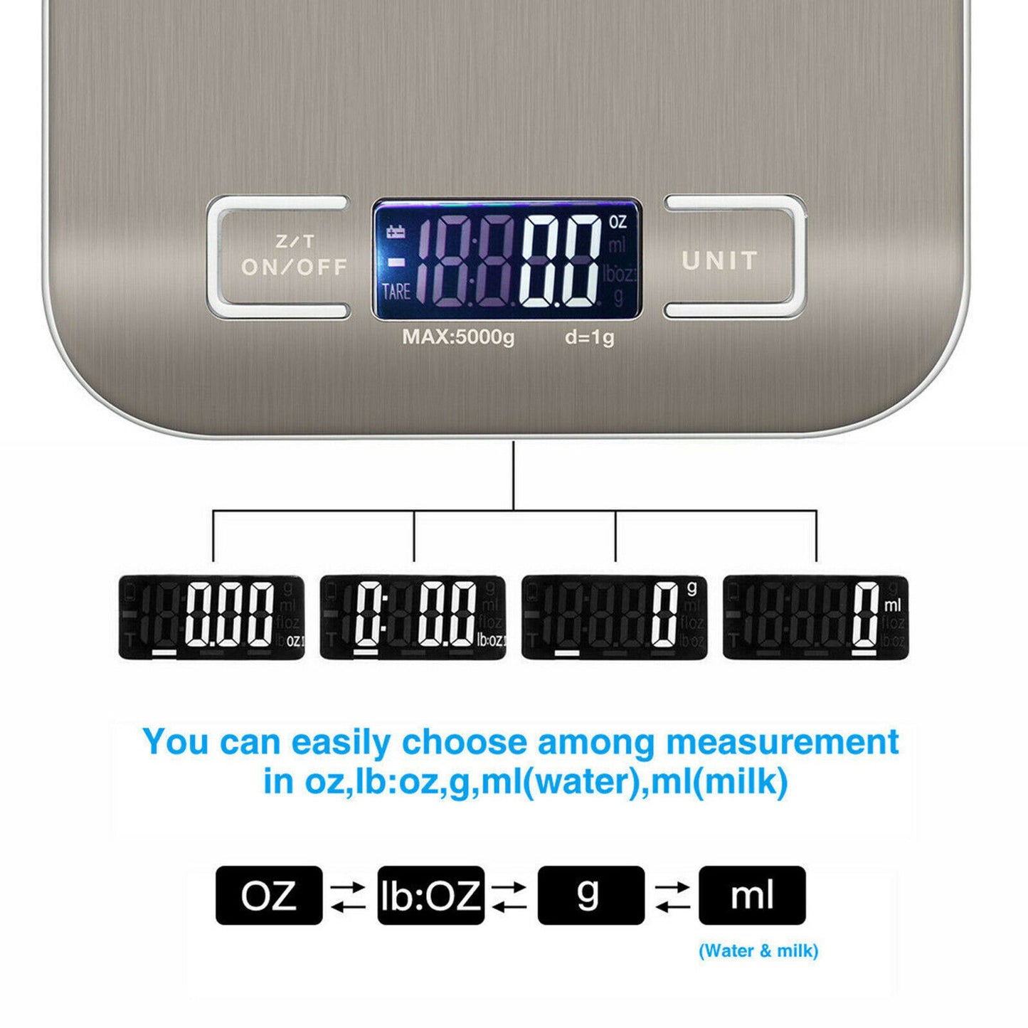 Digital Kitchen Food Scale – 5KG/11lb Stainless Steel Electronic Weighing Scale with LCD Display
