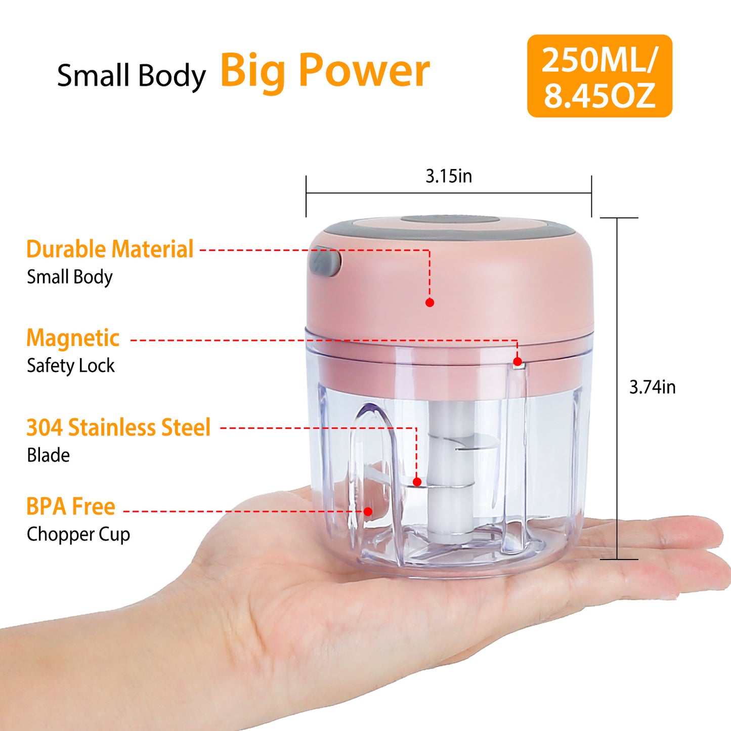 Mini Electric Garlic Chopper – Cordless 8.45oz Rechargeable Food Chopper for Vegetables & Meat