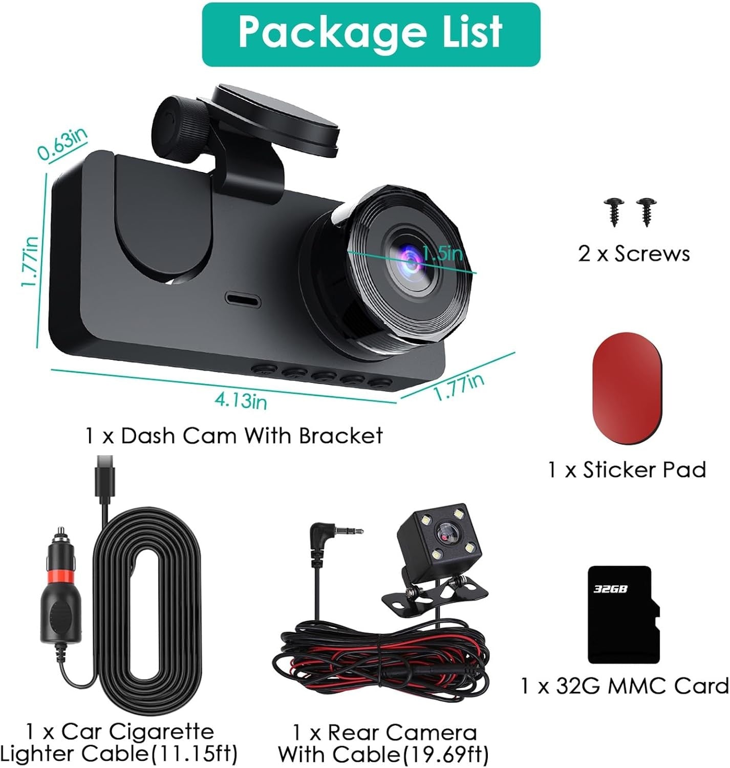 3-Channel Dash Cam – 1080P Front, Rear & Inside Car Camera with 32GB Card, Night Vision & Parking Mode