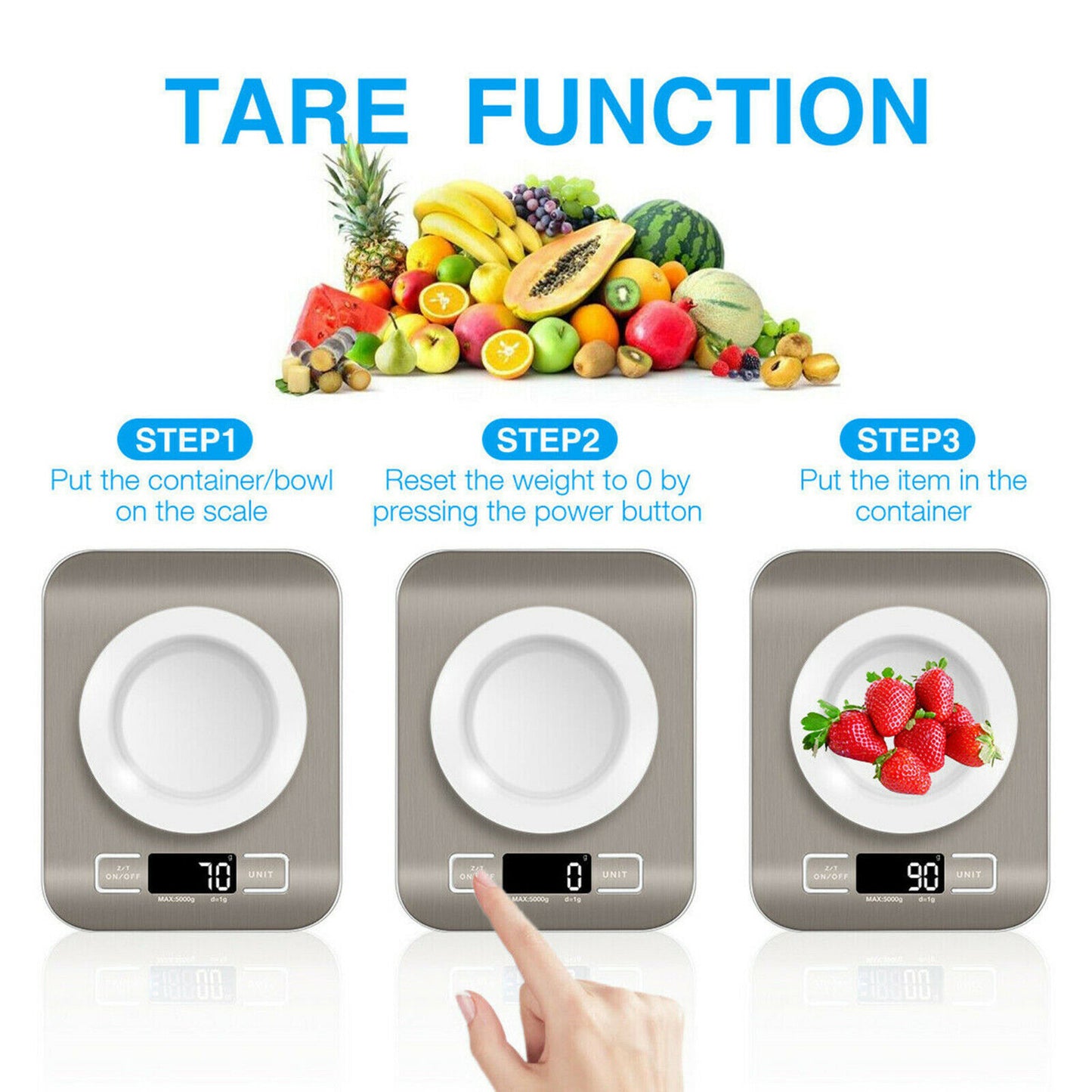 Digital Kitchen Food Scale – 5KG/11lb Stainless Steel Electronic Weighing Scale with LCD Display