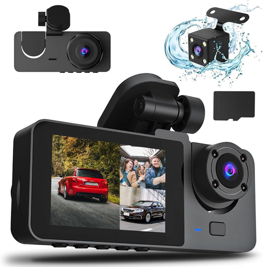 3-Channel Dash Cam – 1080P Front, Rear & Inside Car Camera with 32GB Card, Night Vision & Parking Mode